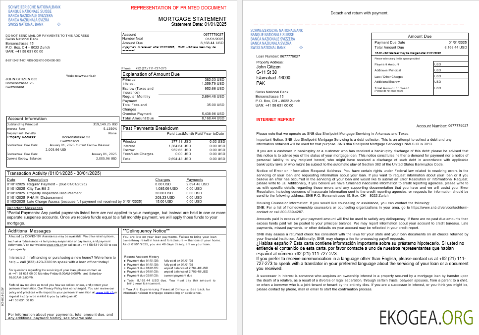 Suisse Banque nationale suisse Relevé hypothécaire BNS aux formats Word et PDF, 3 pages 1 , 2